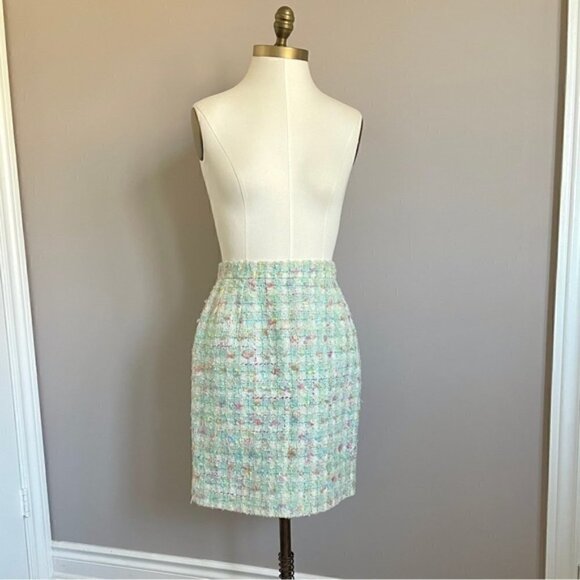 Vintage 90s Emmanuelle Khanh Paris Green Confetti Bouclé Wool Skirt - Small - Picture 10 of 11